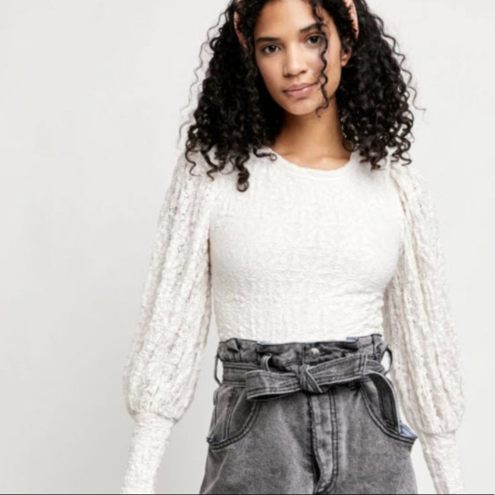 Free People Tea Time Round Neck Long Puff Sleeve Lace Top in white size XXS